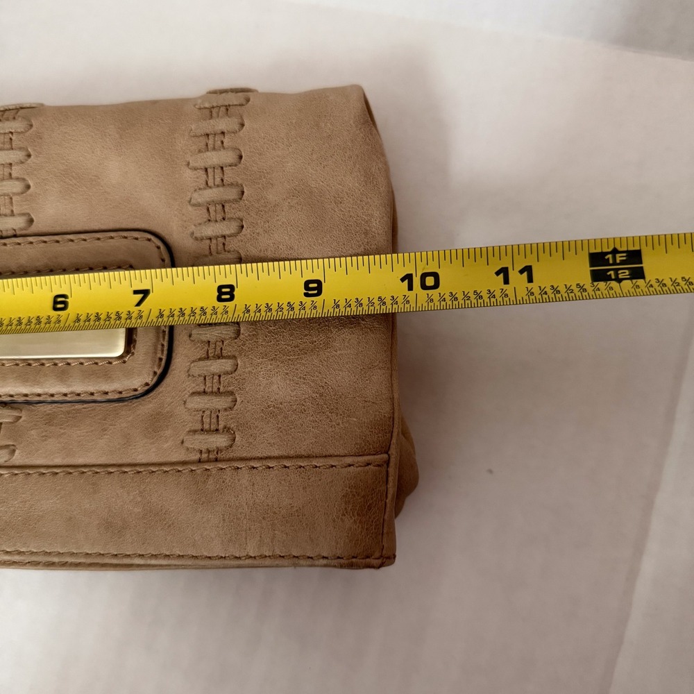 Marciano Angelique Tan‎ Leather Foldover Clutch Bag Gold Logo Accent - Picture 7 of 9